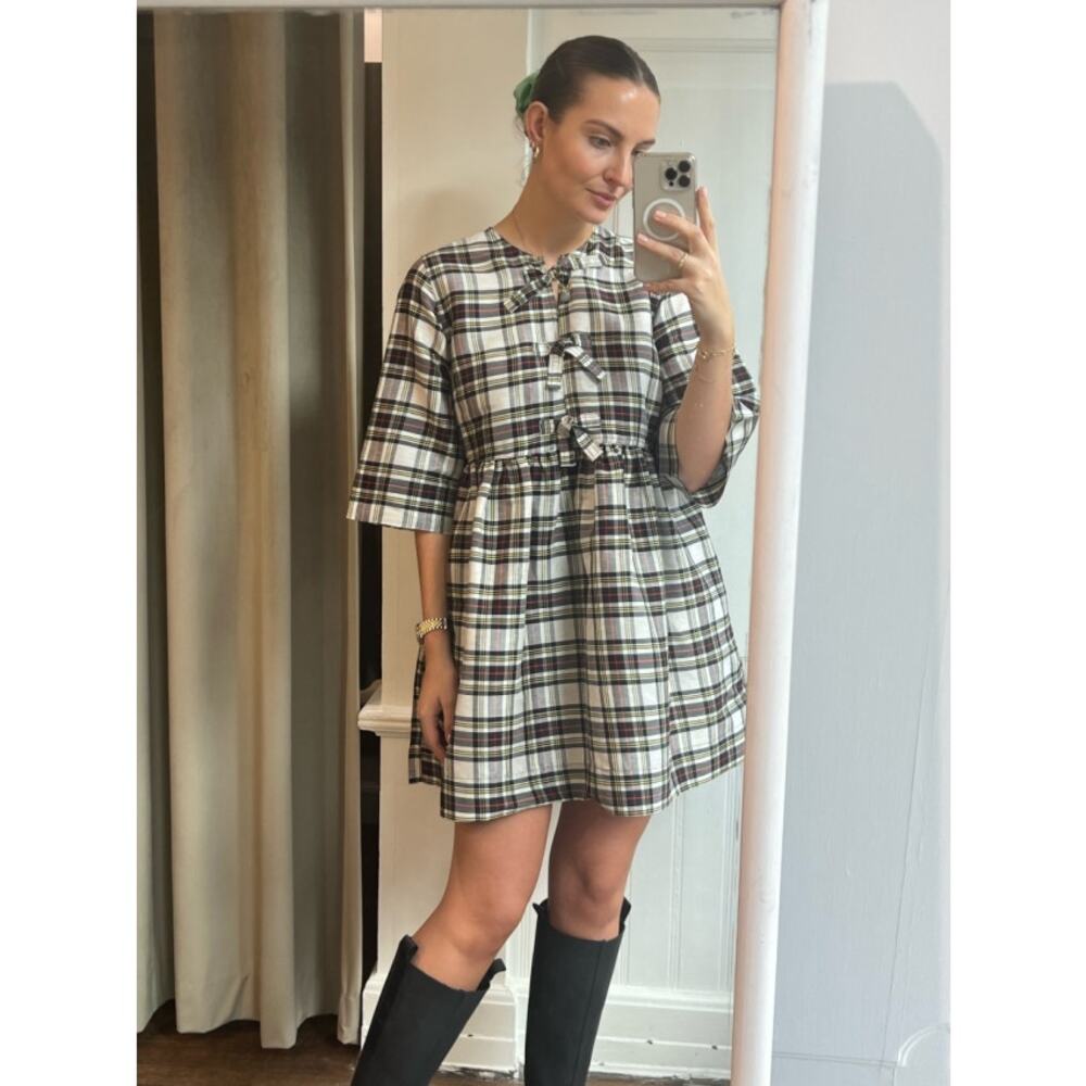 Ganni linen silk tartan plaid print babydoll dress size 10